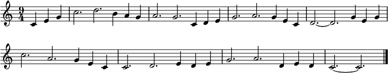 \layout { \context { \Score \omit BarNumber }}
\relative c' {\set Staff.midiInstrument = #"oboe" \set Score.tempoHideNote = ##t \tempo 4 = 138
\key c \major
\time 9/4
\partial 4*3 c4 e g
c2. d b4 a g a2. g c,4 d e g2. a g4 e c d2. ~ d g4 e g
c2. a g4 e c c2. d e4 d e g2. a d,4 e d c2. ~ c
\bar "|."
}