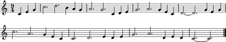 
\layout { \context { \Score \omit BarNumber }}
\relative c' {\set Staff.midiInstrument = #"oboe" \set Score.tempoHideNote = ##t \tempo 4 = 138
\key c \major
\time 9/4
\partial 4*3 c4 e g
c2. d b4 a g a2. g c,4 d e g2. a g4 e c d2. ~ d g4 e g
c2. a g4 e c c2. d e4 d e g2. a d,4 e d c2. ~ c
\bar "|."
}
